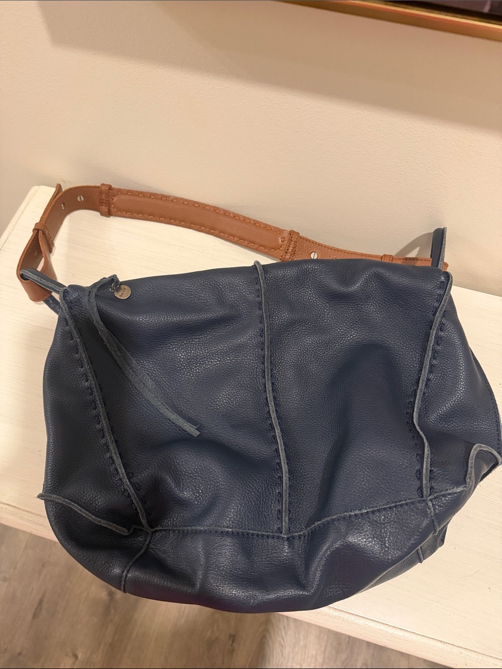 The Sak Los Feliz Hobo Navy Shoulder Bag with Contrast Tan Strap